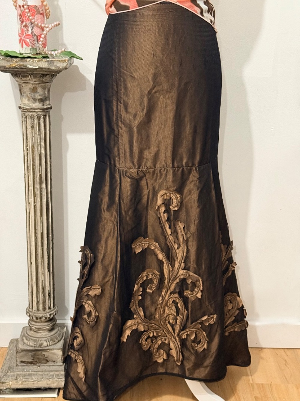 VTG Per Se by Carlisle Bronze Silk Taffeta Trumpet Maxi Skirt with Appliqué